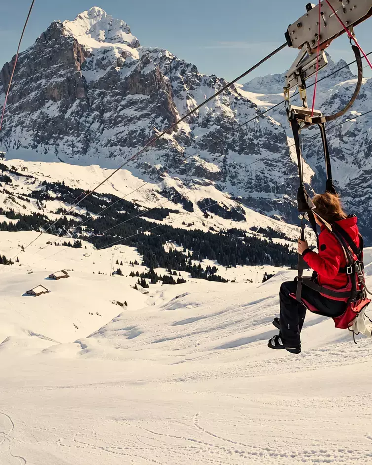 Iemand in een rode jas zoeft met de First Flyer zipline over de besneeuwde hellingen van Grindelwald First, met de Wetterhorn op de achtergrond