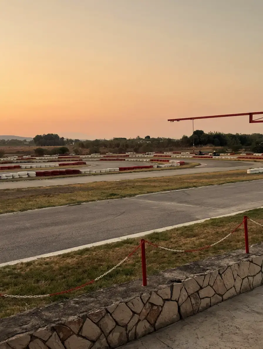 Kartbaan met rood-witte bandenstapels en karts op het circuit bij zonsondergang tijdens het karten op Zakynthos