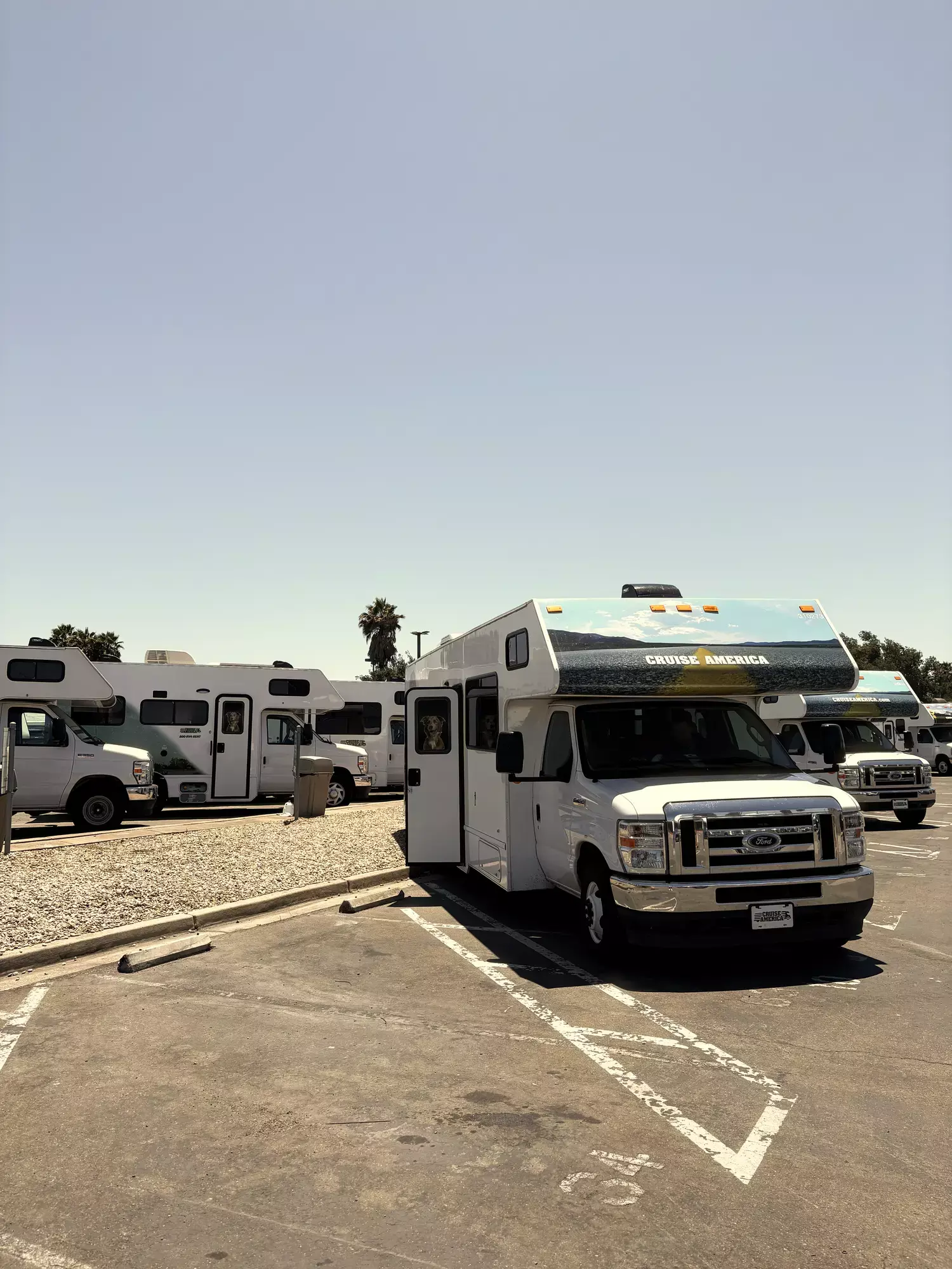 Witte Cruise America camper op een parkeerplaats tussen andere huurcampers aan het begin van een roadtrip door het westen van Amerika