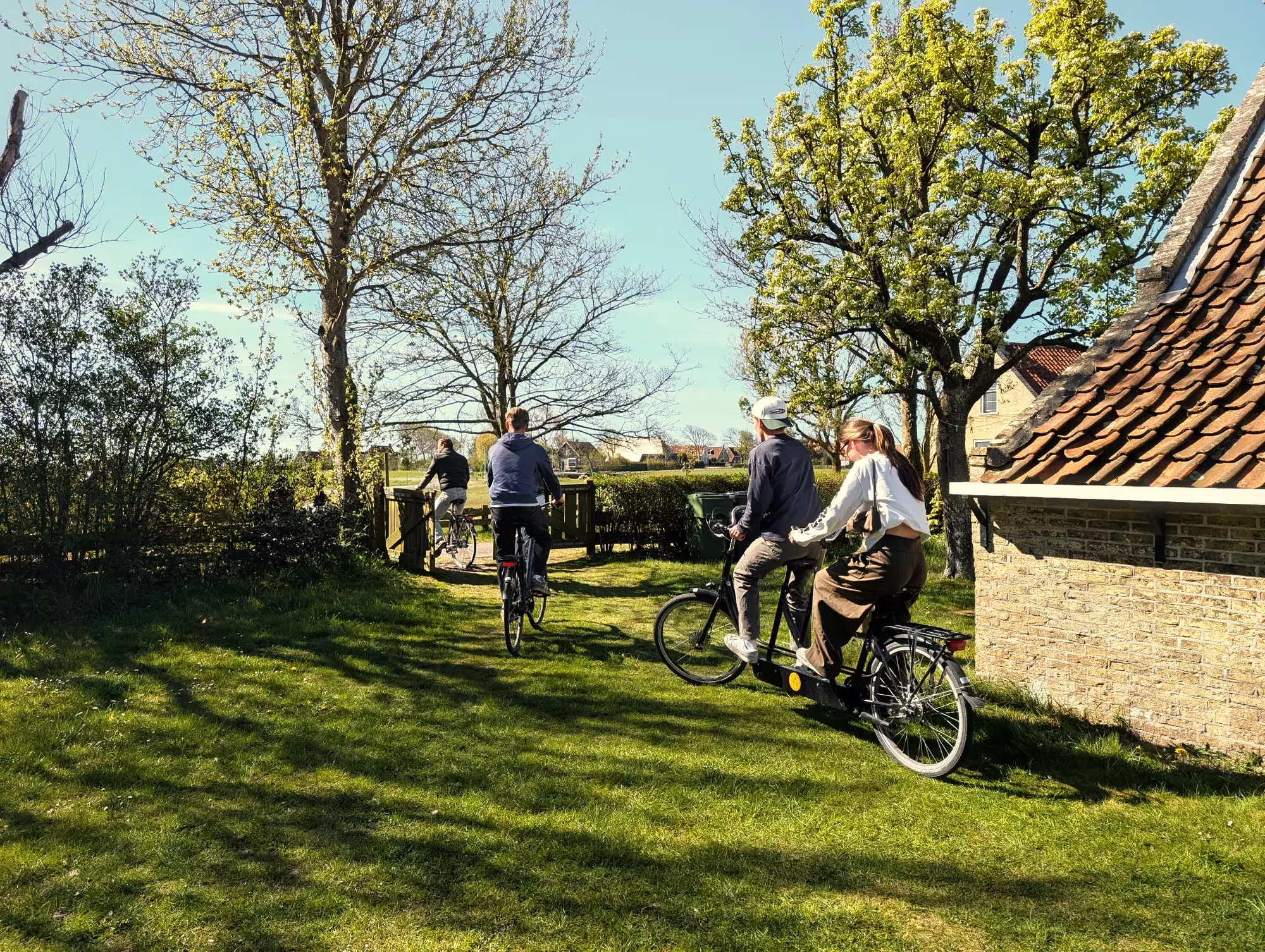 Fietsers op een zonnig grasveld langs een oude boerderij met rode dakpannen op Terschelling