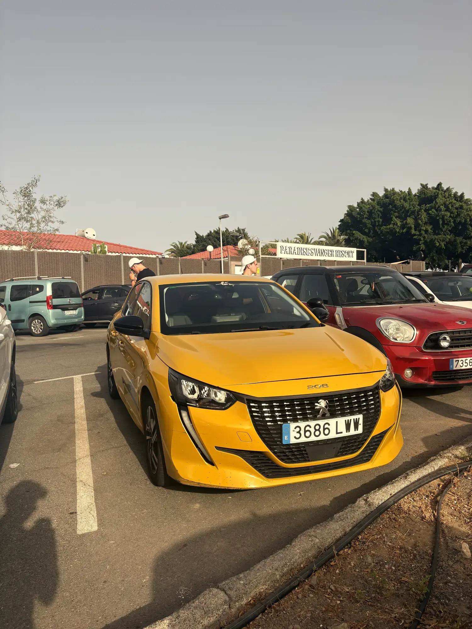 Gele Peugeot 208 geparkeerd op een zonnige parkeerplaats tussen palmbomen op Gran Canaria